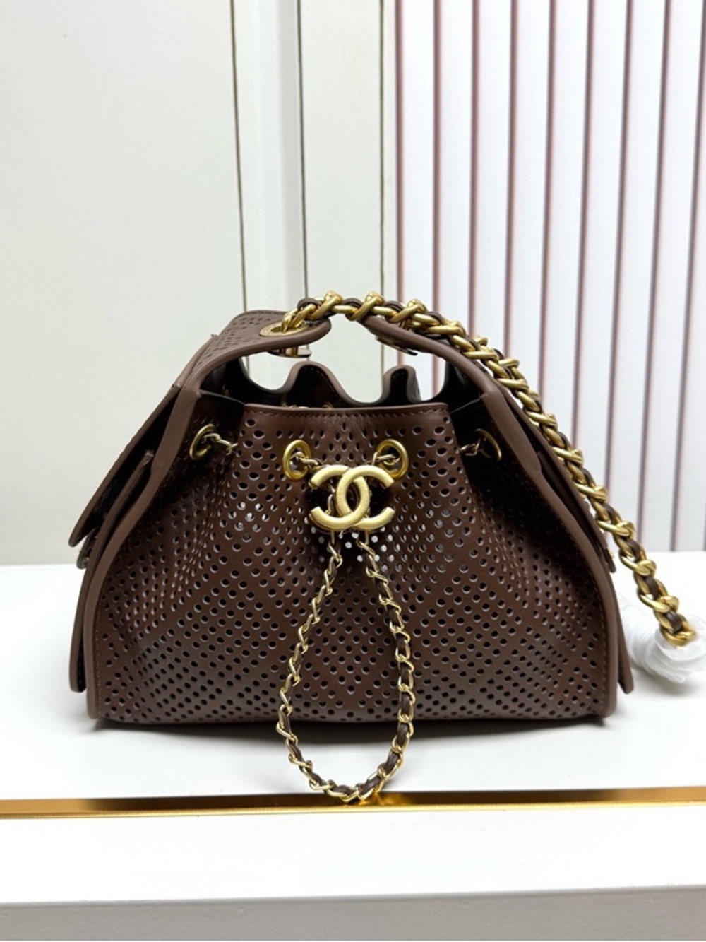 CC Brown Perforated Drawstring Shoulder Bag, leather, mini size